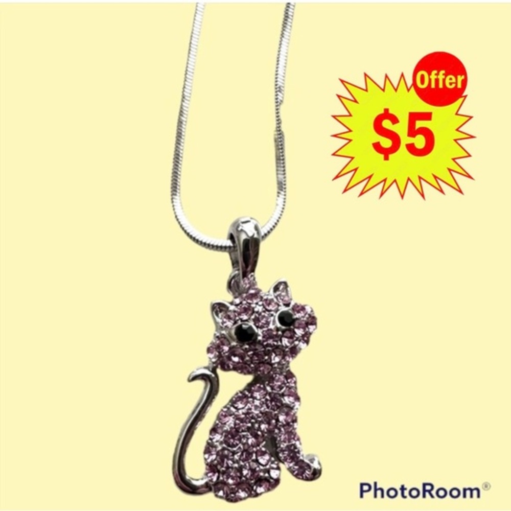 Silver Pink Stone Kitty Cat Pendant Necklace Cute Cat Jewelry for Women Teens